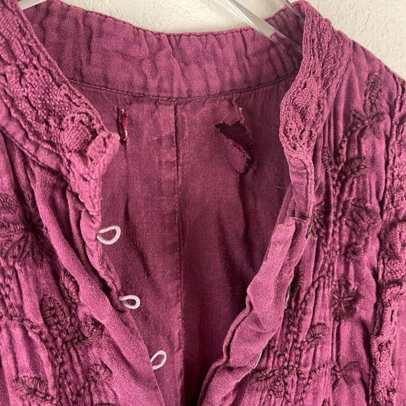 Bohemian Whimsigoth Cotton Fairy Tiered Dress Burgundy Buttons Lace Embroidery - Picture 7 of 9